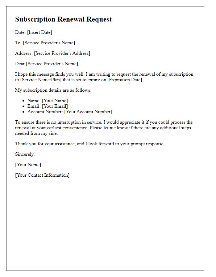 Letter template of subscription renewal request