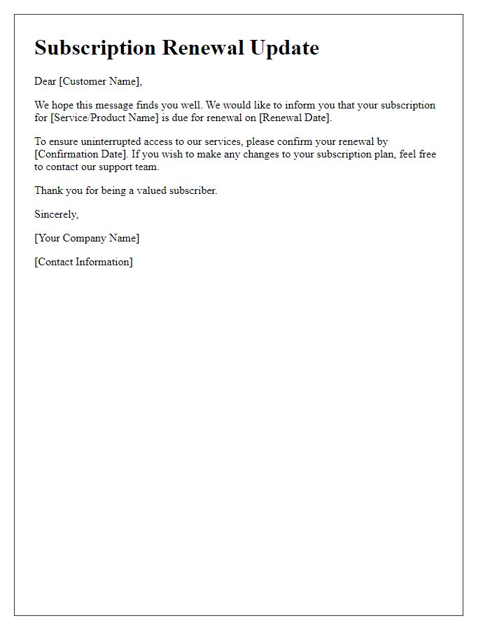 Letter template of subscription renewal update