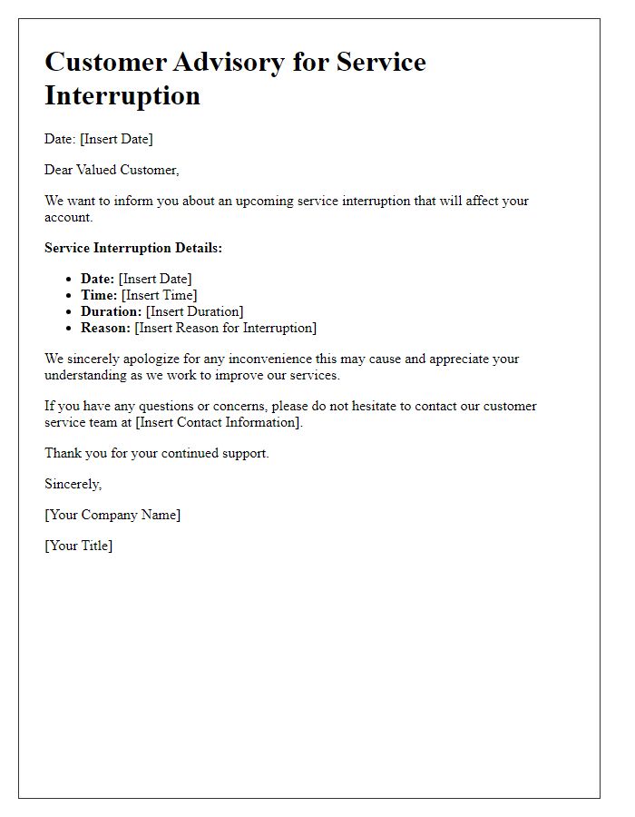 Letter template of Customer Advisory for Service Interruption