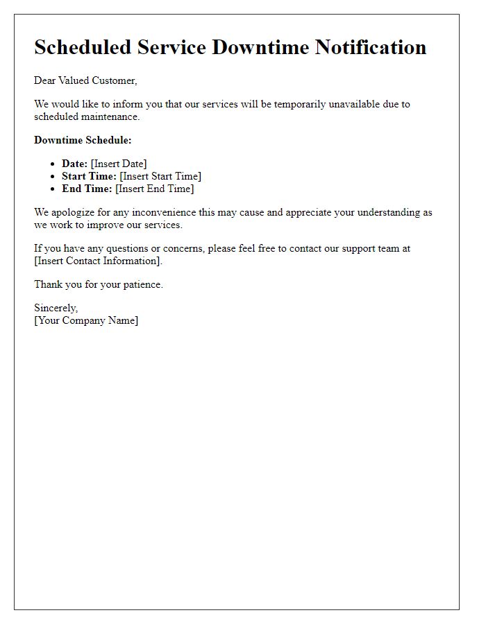 Letter template of Scheduled Service Downtime Notification