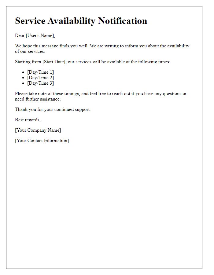 Letter template of Service Availability Notification for Users