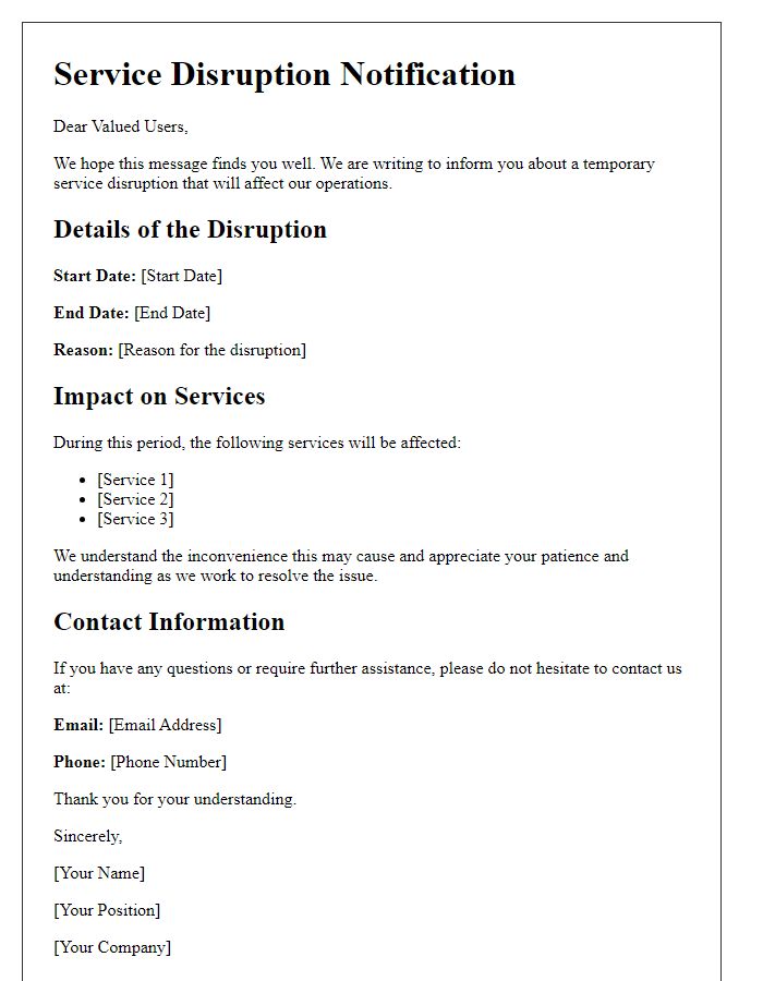 Letter template of Service Disruption Information for All Users