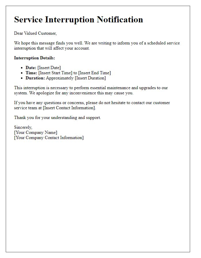 Letter template of Service Interruption Notification for Customers