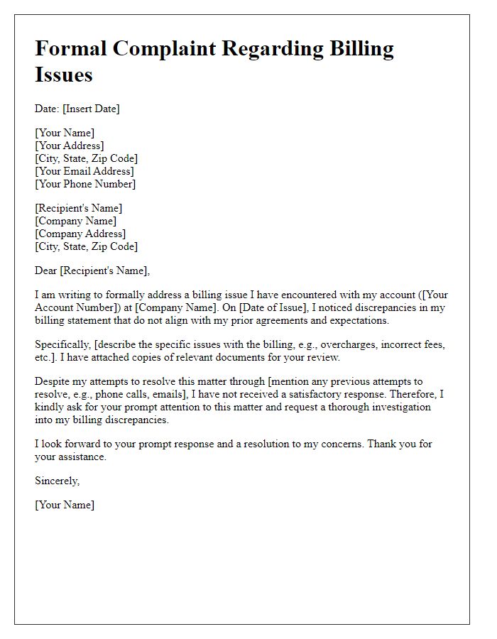 Letter template of formal complaint regarding billing issues