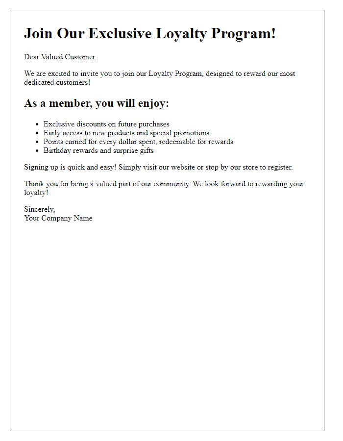 Letter template of loyalty program benefits invitation