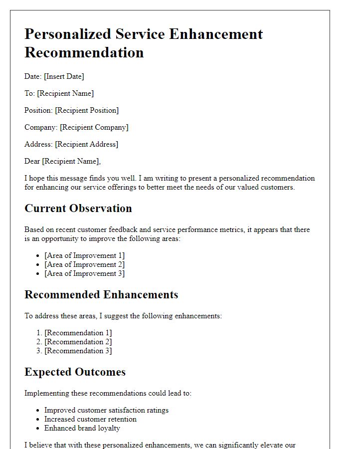 Letter template of personalized service enhancement recommendation