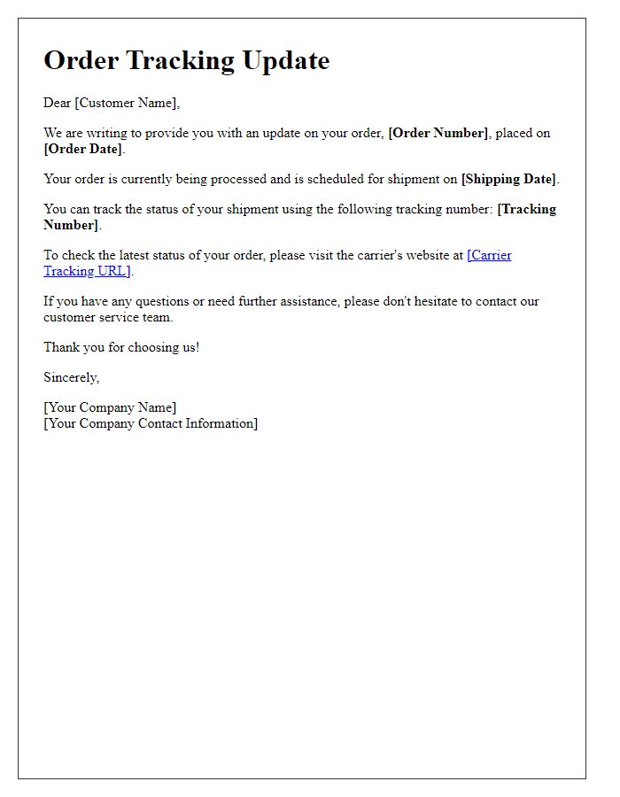 Letter template of logistics tracking for order management.