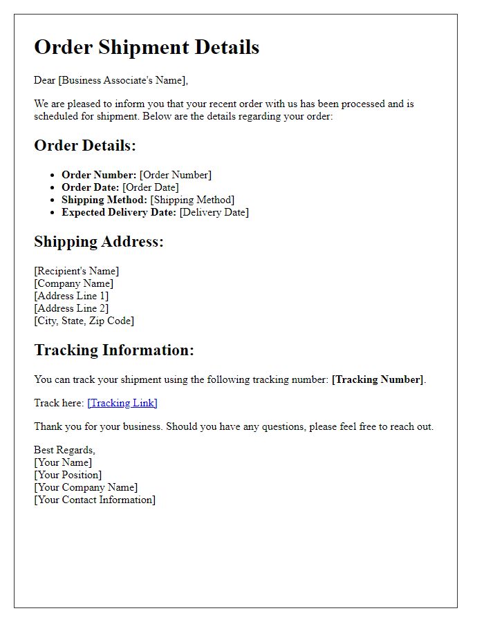 Letter template of order shipment details for business associates.