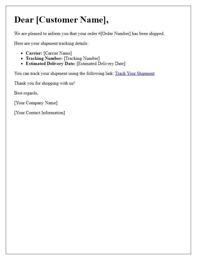 Letter template of shipment tracking details for customers.