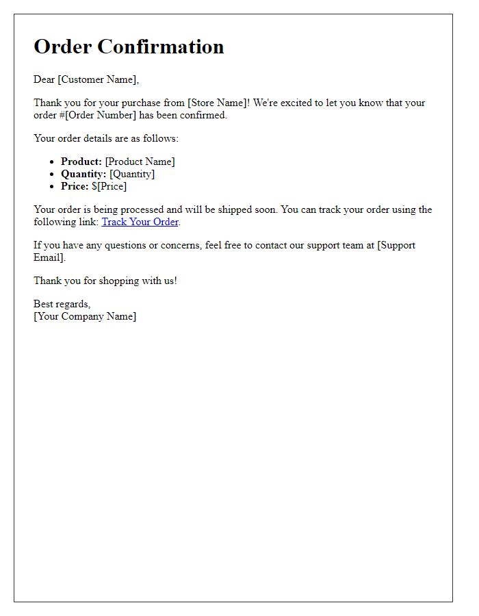 Letter template of tracking confirmation for online purchase.