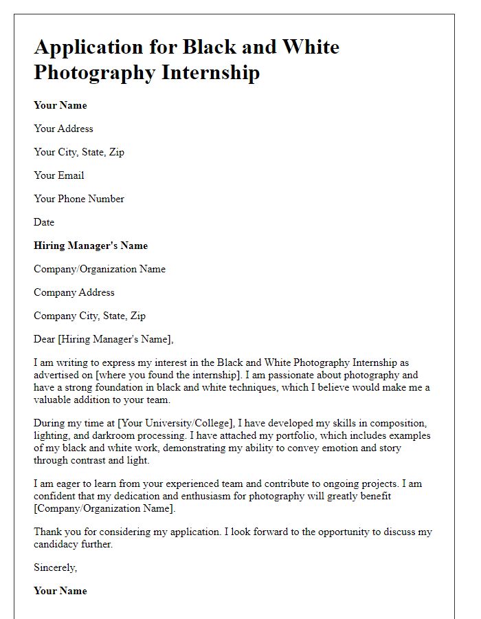 Letter template of a black and white photography internship application