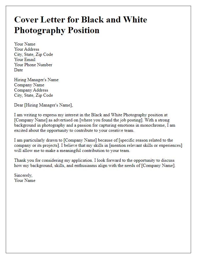 Letter template of a black and white photography position cover letter