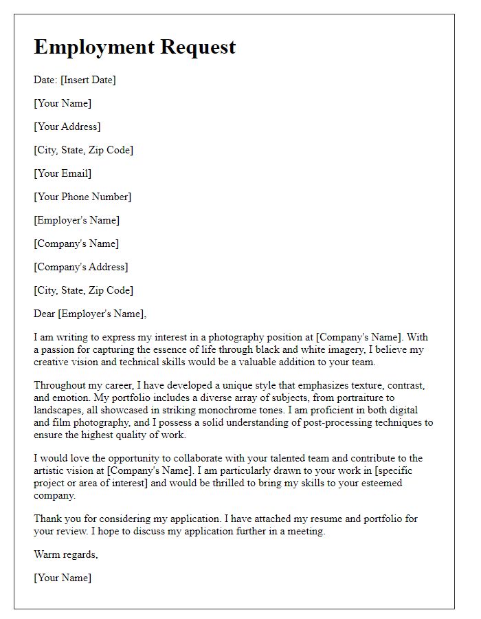 Letter template of a creative black and white photographer's employment request