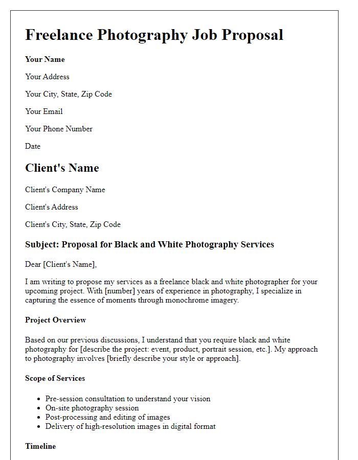 Letter template of a freelance black and white photography job proposal