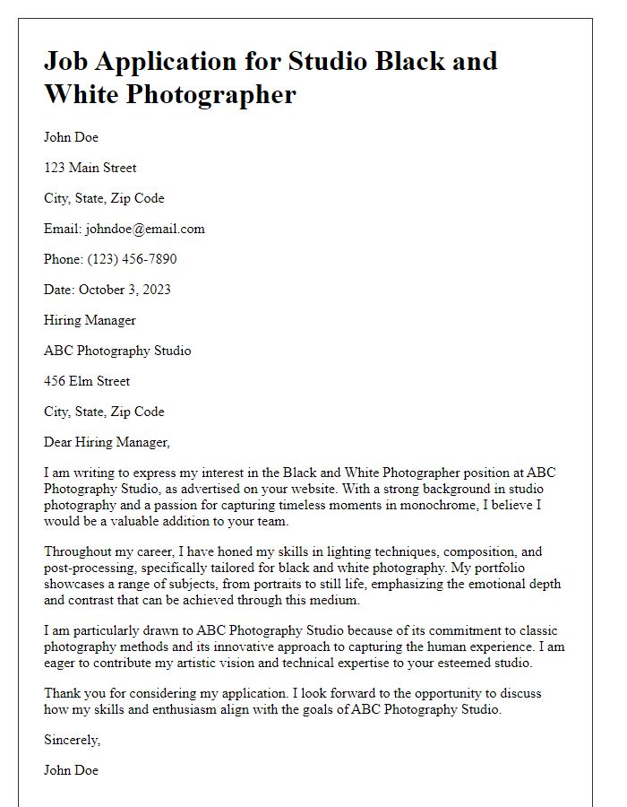 Letter template of a studio black and white photographer job application