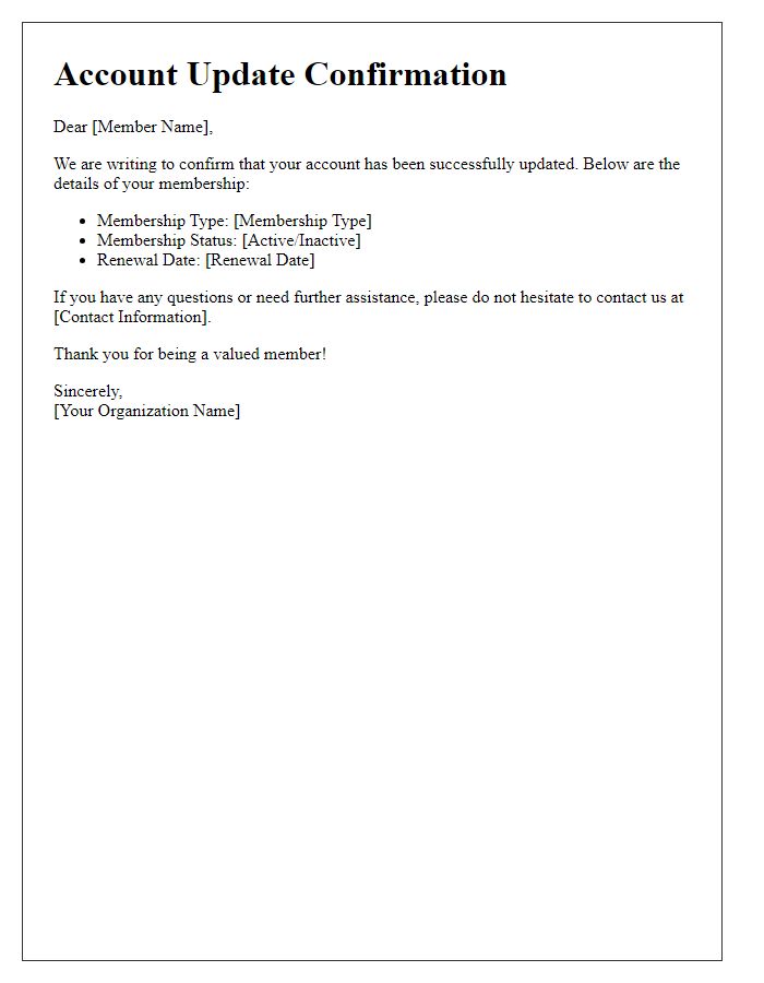 Letter template of account update confirmation for membership