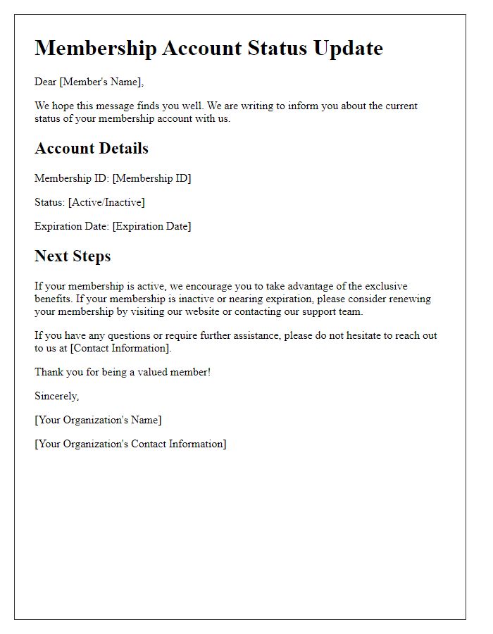 Letter template of membership account status update