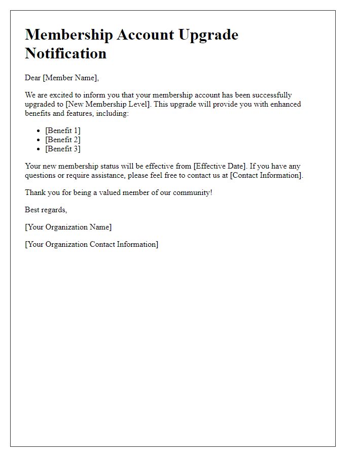 Letter template of membership account upgrade notification