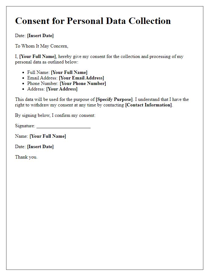 Letter template of consent for personal data collection