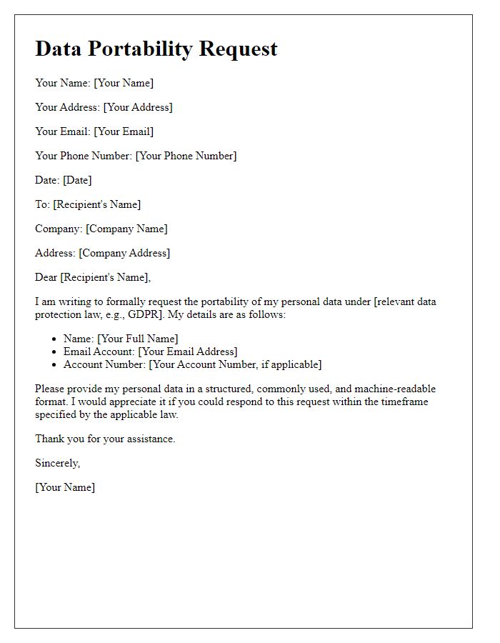 Letter template of data portability request