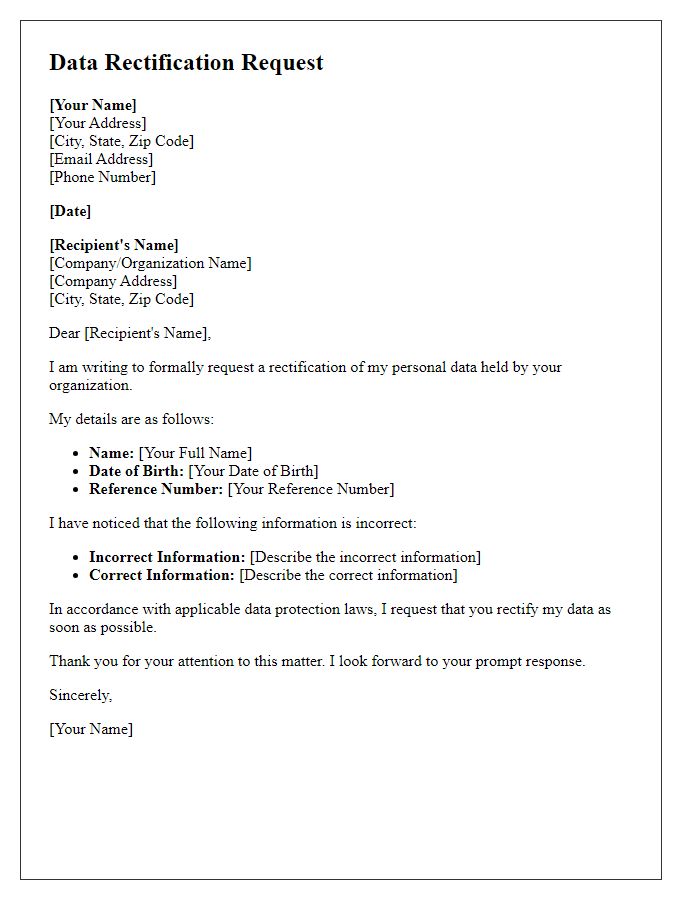 Letter template of data rectification request