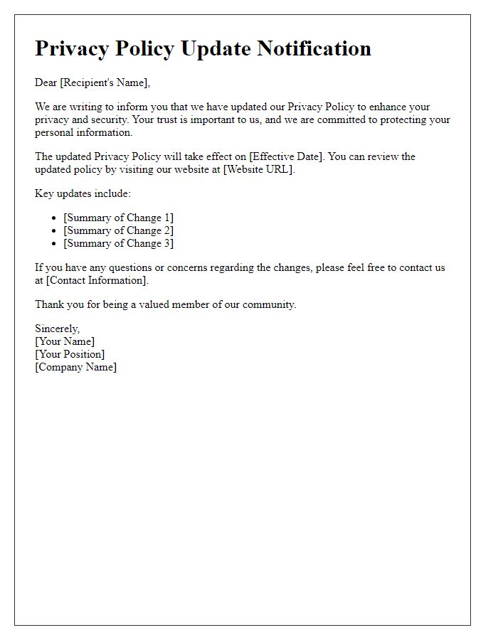 Letter template of privacy policy update notification