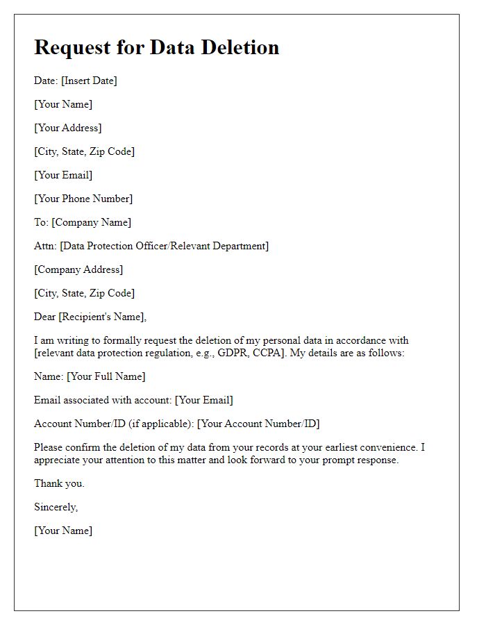 Letter template of request for data deletion
