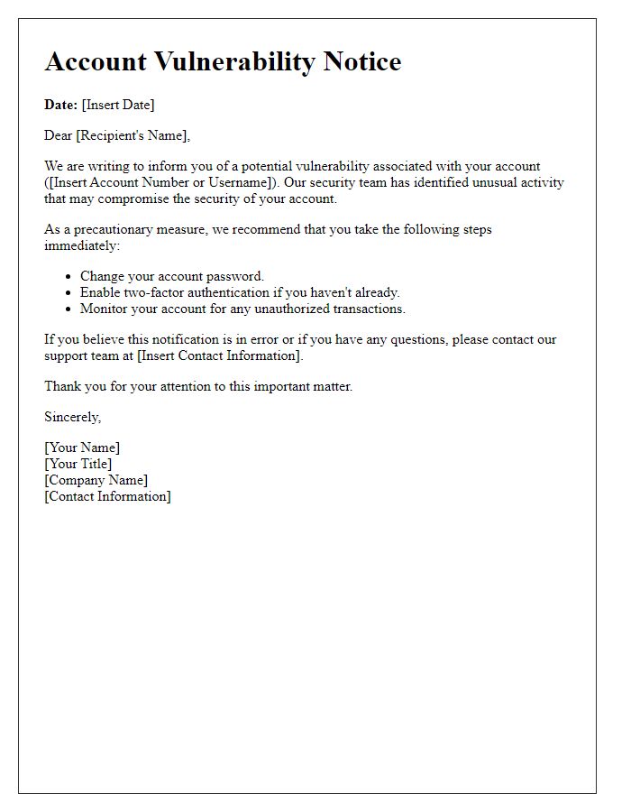 Letter template of account vulnerability notice