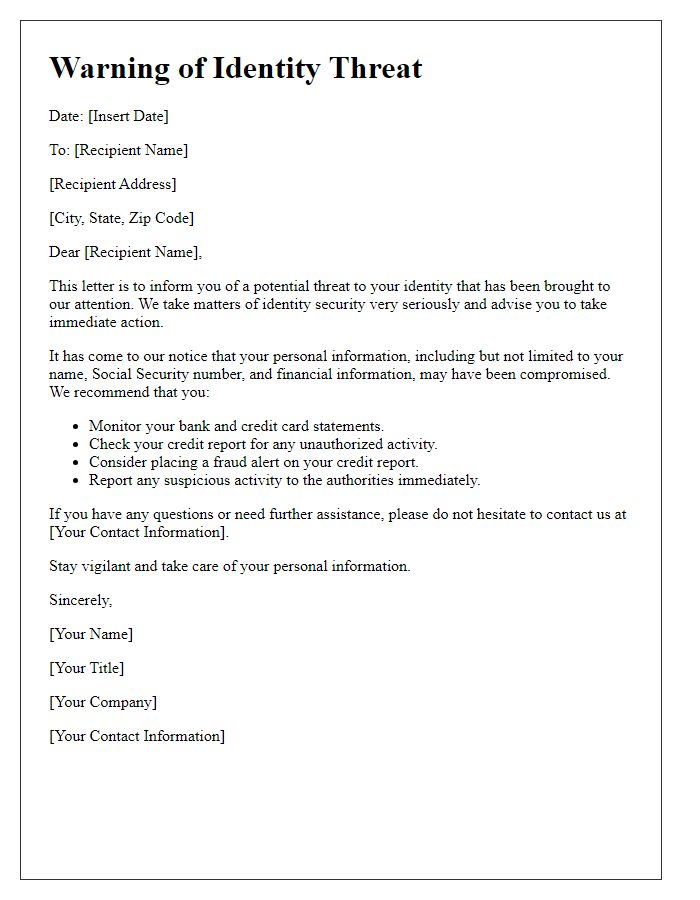 Letter template of identity threat warning