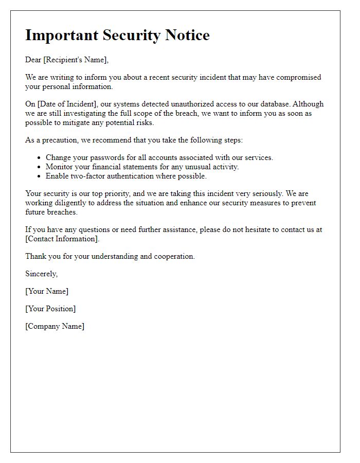 Letter template of security breach warning