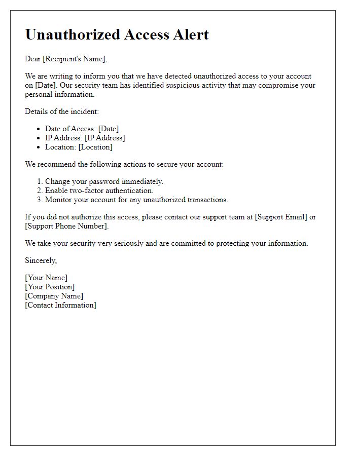 Letter template of unauthorized access alert