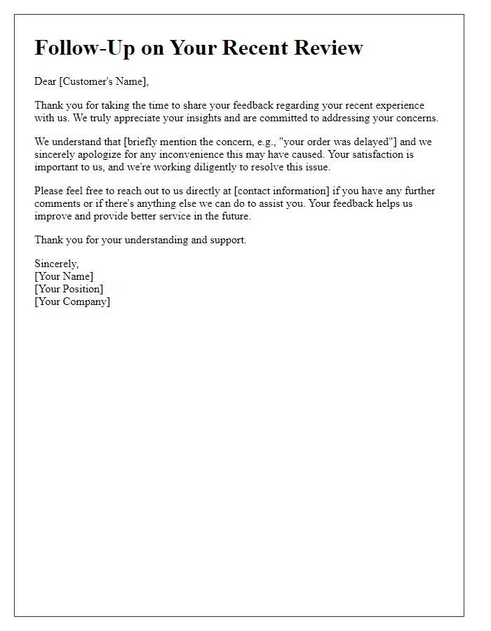 Letter template of follow-up for customer concerns in reviews.