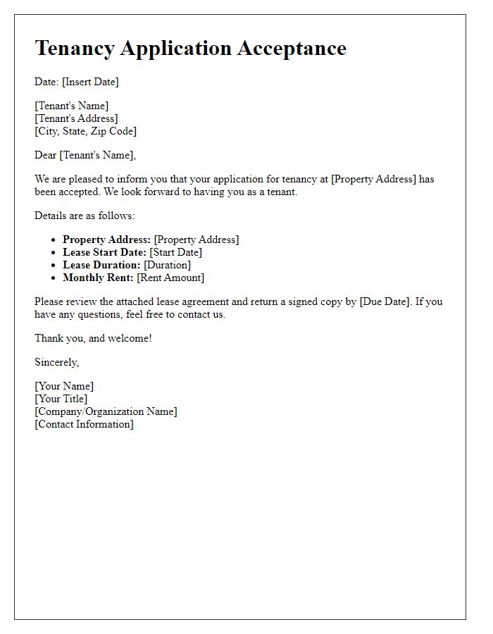 Letter template of tenancy application acceptance