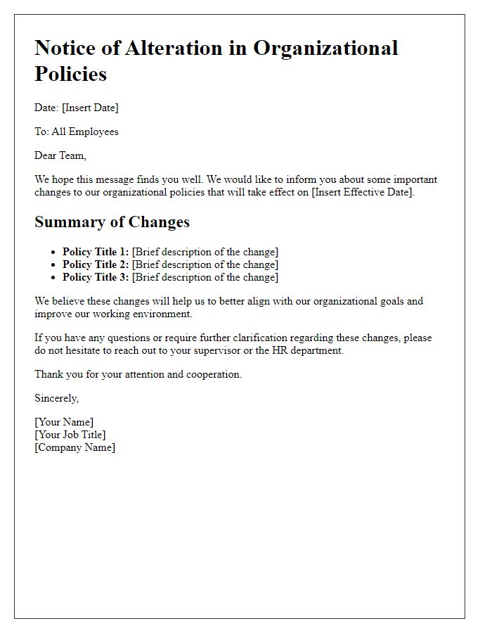 Letter template of alterations in organizational policies