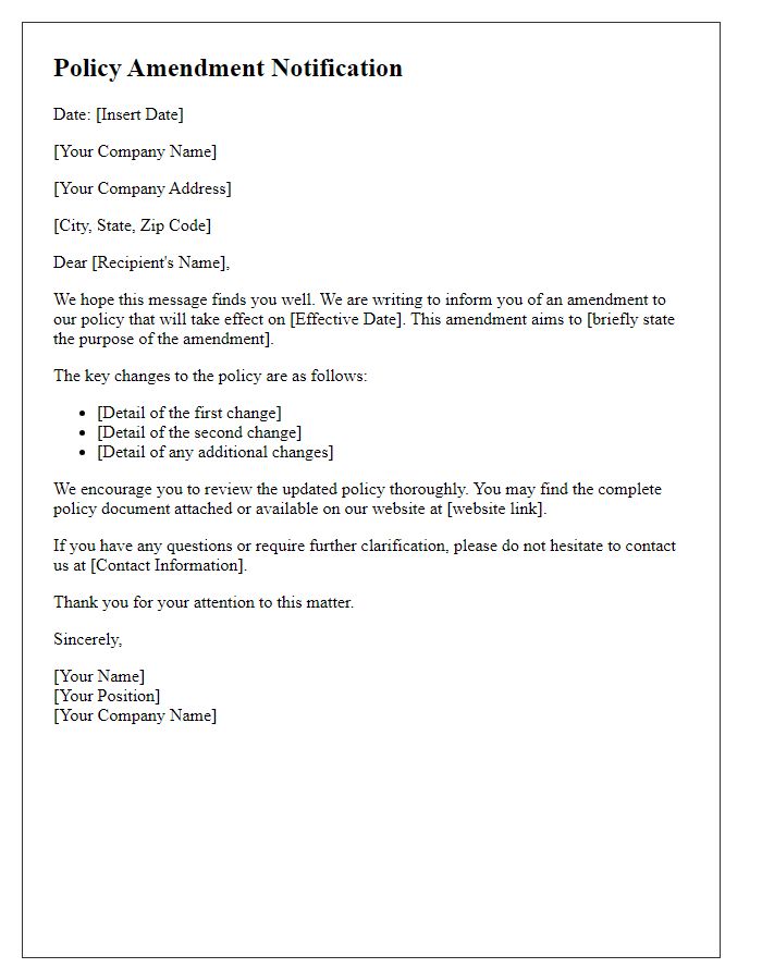 Letter template of policy amendment notification