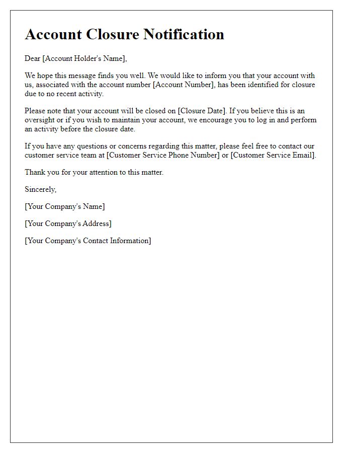 Letter template of account closure due to no recent activity