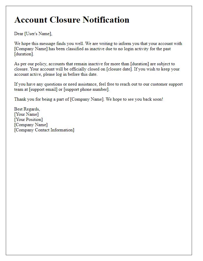 Letter template of account closure notification for inactive users
