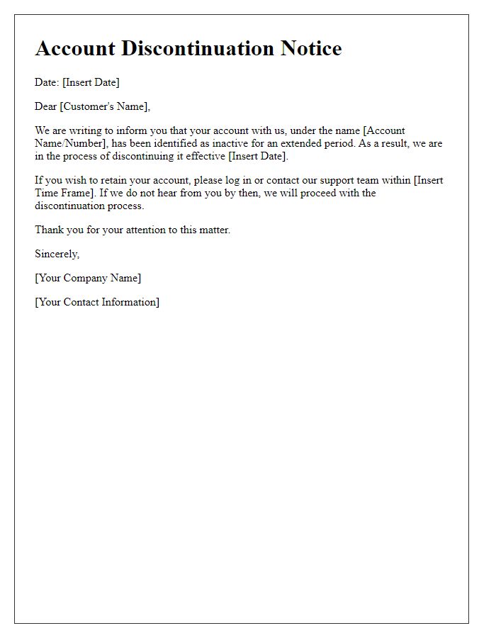 Letter template of account discontinuation for inactivity