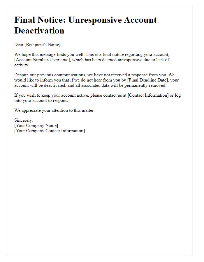 Letter template of final notice for unresponsive account deactivation