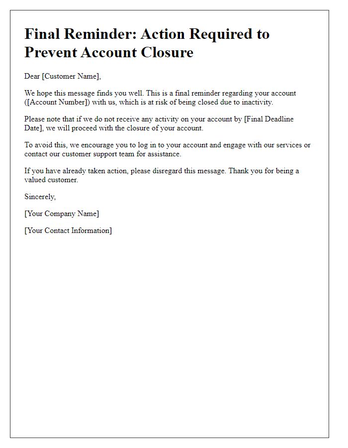 Letter template of final reminder before account closure