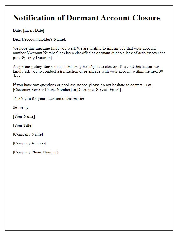Letter template of notification for dormant account closure