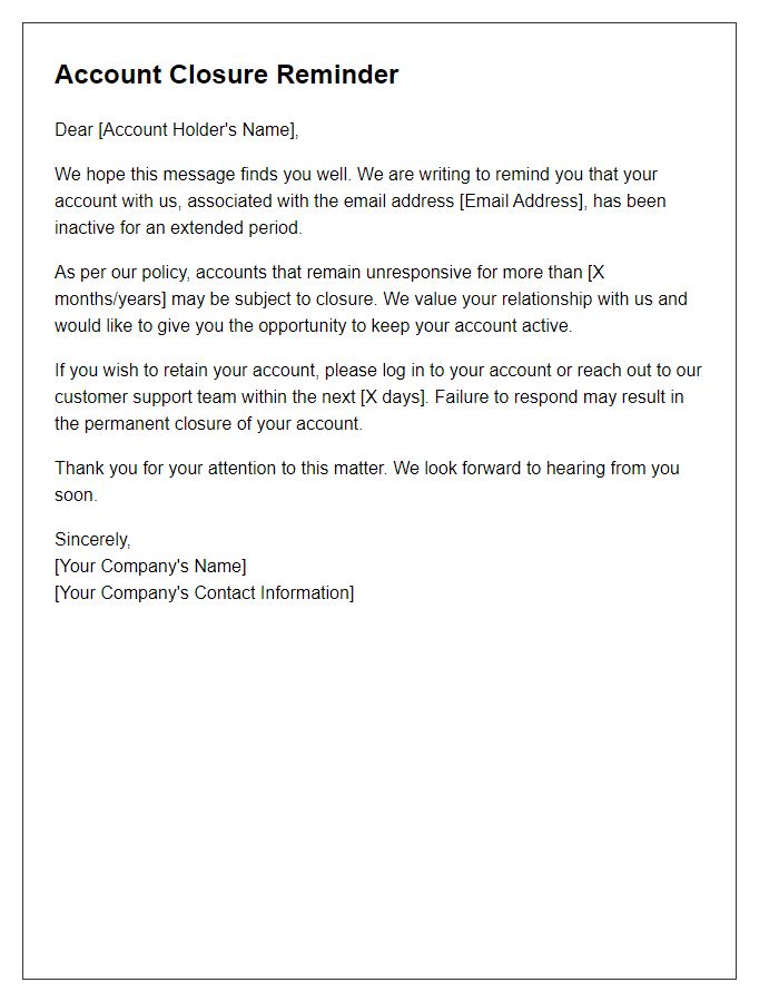 Letter template of unresponsive account closure reminder