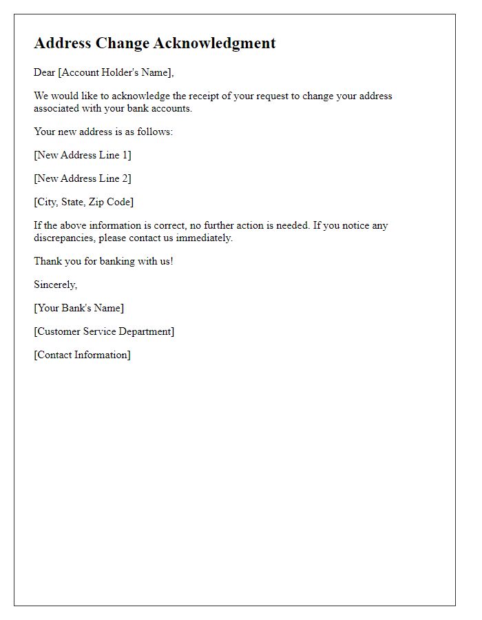 Letter template of address change acknowledgment for bank accounts