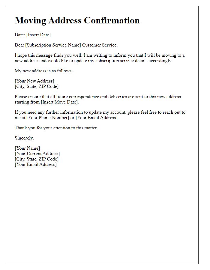 Letter template of moving address confirmation for subscription services