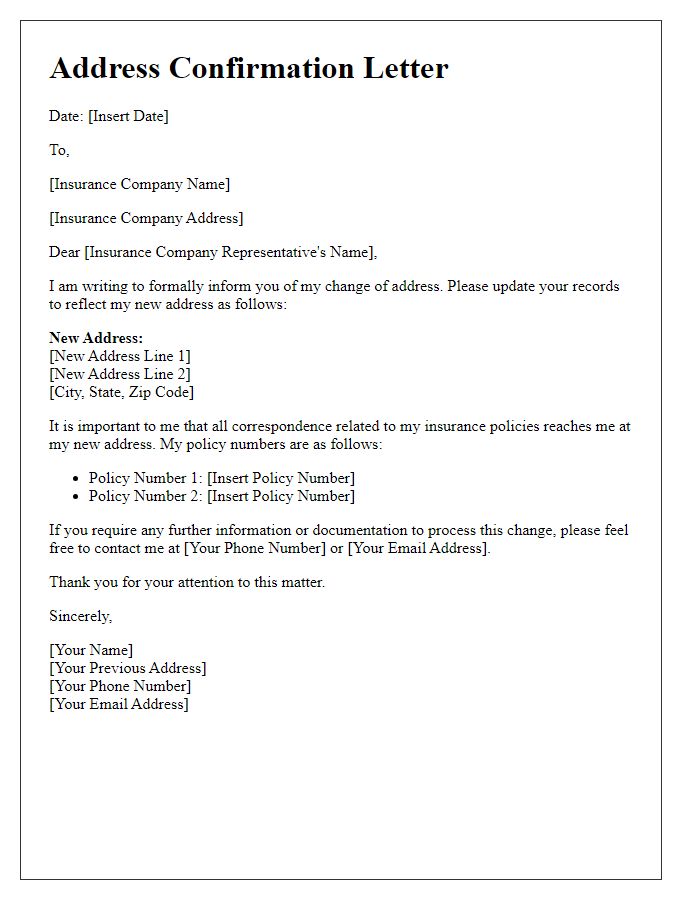 Letter template of new address confirmation for insurance companies