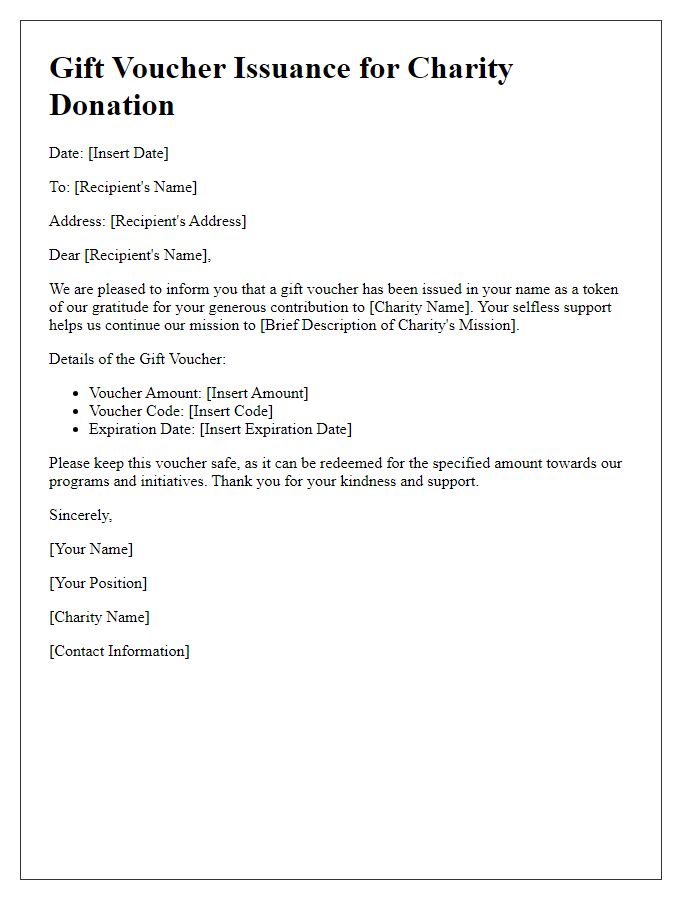 Letter template of gift voucher issuance for charity donations.