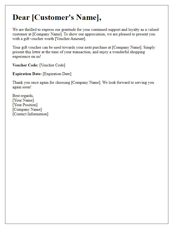 Letter template of gift voucher issuance for customer appreciation.