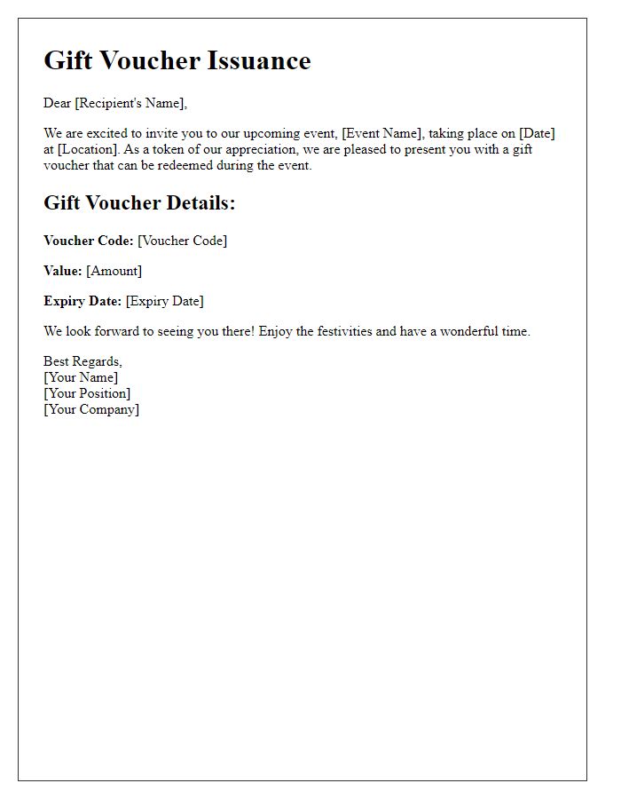 Letter template of gift voucher issuance for event invitations.