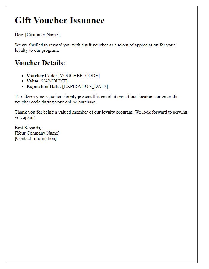 Letter template of gift voucher issuance for loyalty programs.