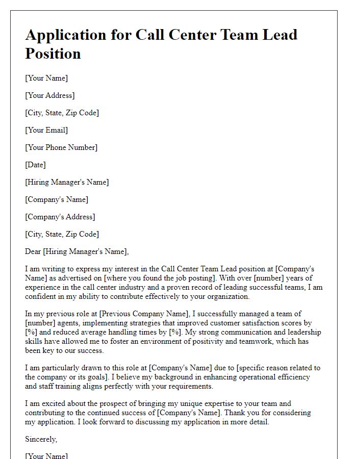 Letter template of application cover letter for call center team lead